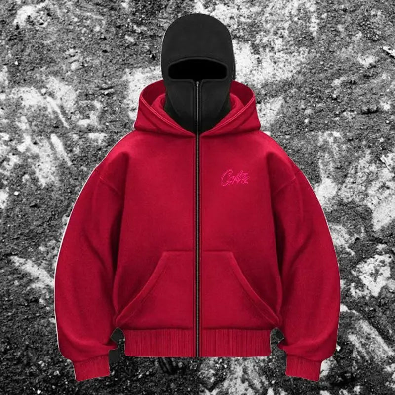 Men's Balaclava Zip Hoodie with Face Mask Winter Warm Zipper Sweatshirt Oversized Hooded Sports Jacket for Outdoor Activities