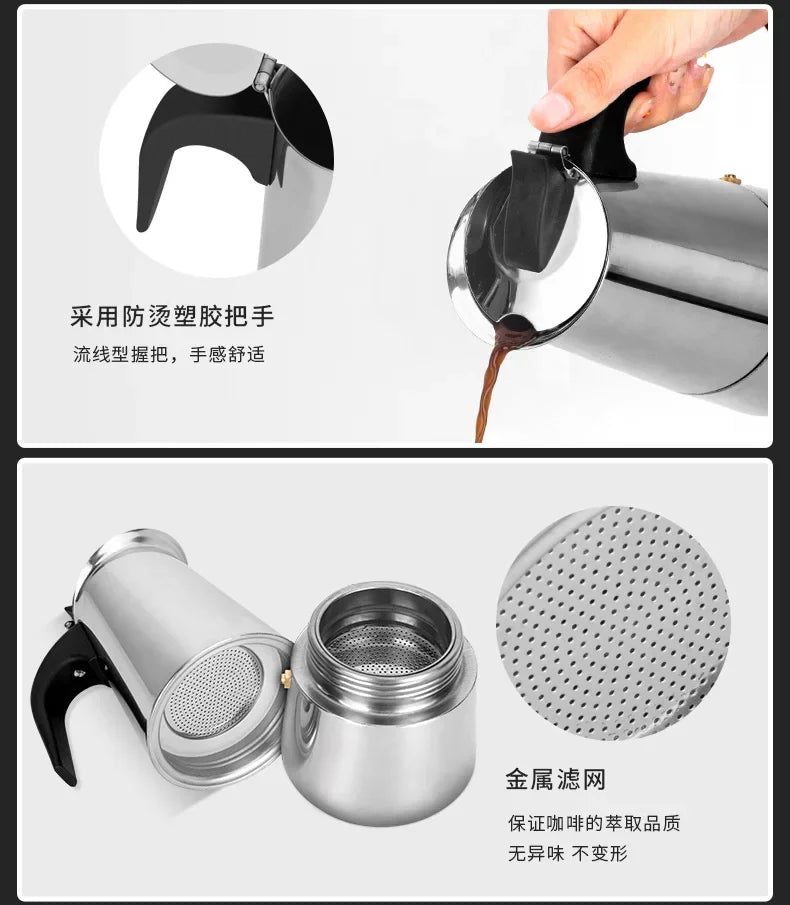 Coffee Maker Machine Moka Pot American Latte Electric Burner Italian French Press Percolator Brew Kettle Stovetop StainlessSteel