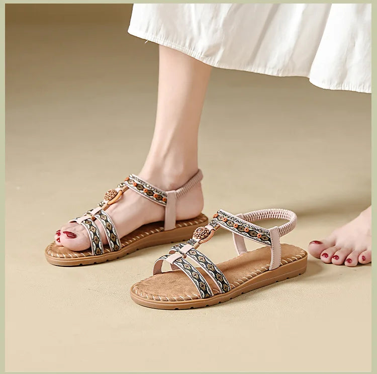 Women's sandals summer bohemian one line elegant slimming anti slip comfortable daily vacation flat beach shoes