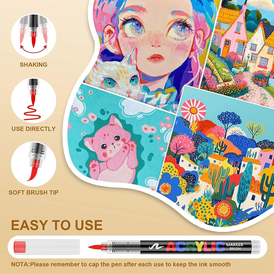 366 Colours Acrylic Markers Flexible Brush Tip Acrylic Paint Marker for Painting Stone Fabric Glass Ceramic Canvas Paper Wood