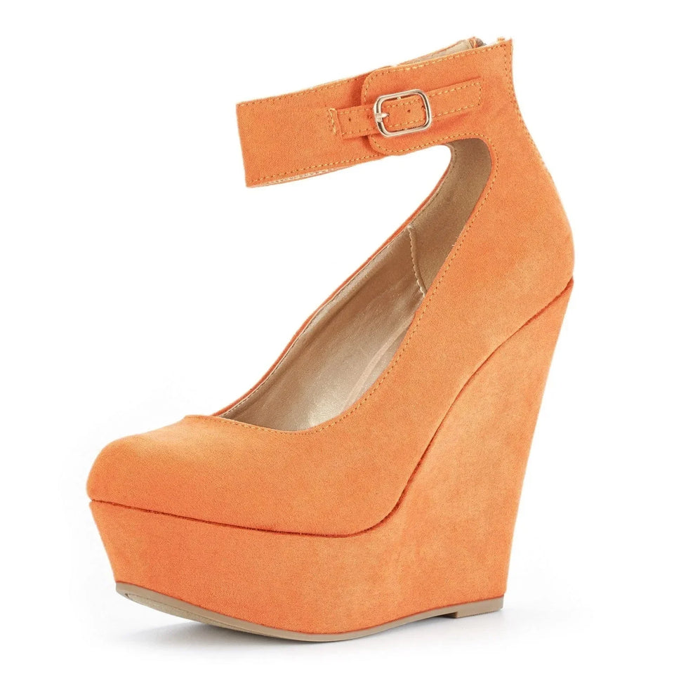 LOSLANDIFEN Women Shoes Flock Buckle Bowtie Ankle Strap High Heels Sexy 14cm Platform Wedges Female Pumps Red Wedding Shoe