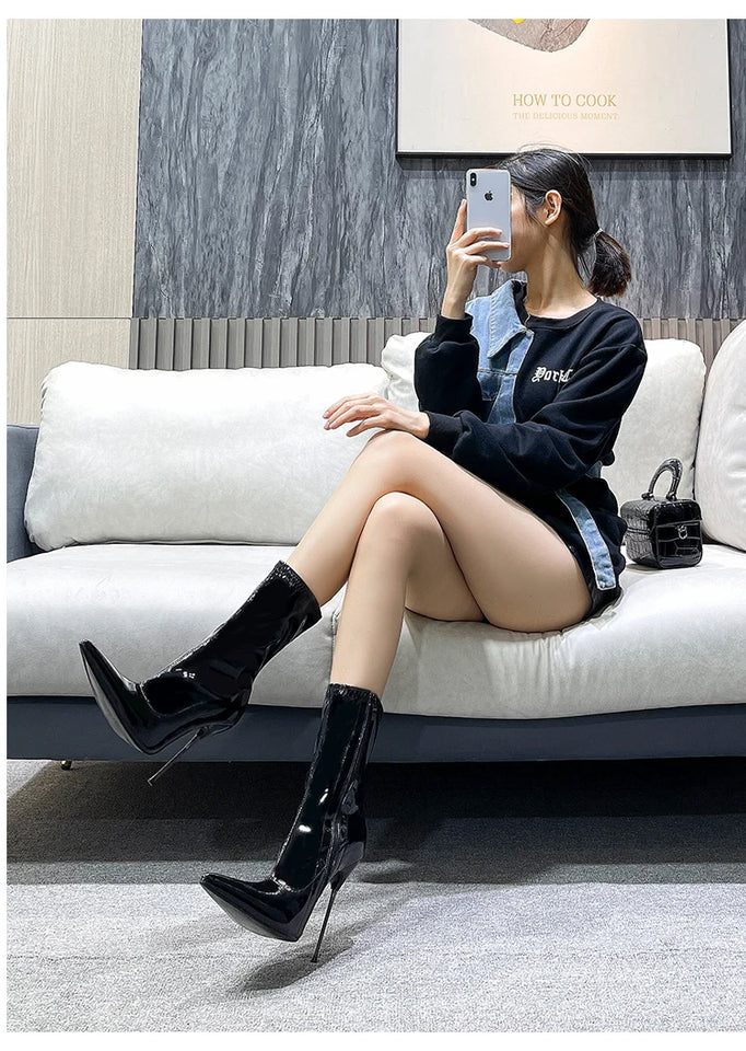 Knee-High Modern Boots Pointy Toe Women Shoes 13cm Ultra Thin Steel High Heels Metal Heel Calf Boots for Women Fun Shoes Size 46