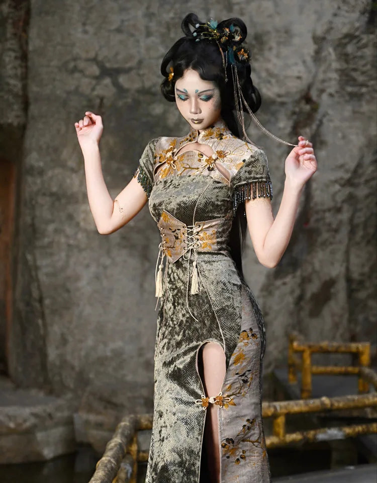 Blood Supply Original New Chinese Cheongsam Slim Dress Tie Tassel Jacquard Tunic Waist Sheath Long Trumpet Dresses Festival