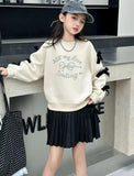 Girls' 2025 New Spring/Autumn Long Sleeve Bowknot Loose Fit Stylish Korean Style Mid-Big Kids Sweatshirt