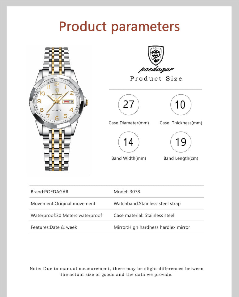 POEDAGAR Elegant Ladies Watches Waterproof Luminous Date Week Watch for Woman High Quality Stainless Steel Quartz Women's Watch