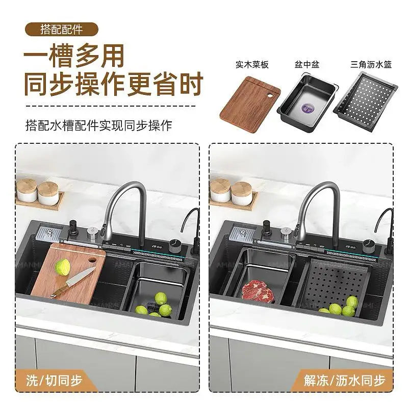 304 Stainless Steel Kitchen Sink, Large Single Sink, Thickened Whale Relief, Digital Display, Washbasin, Washbasin