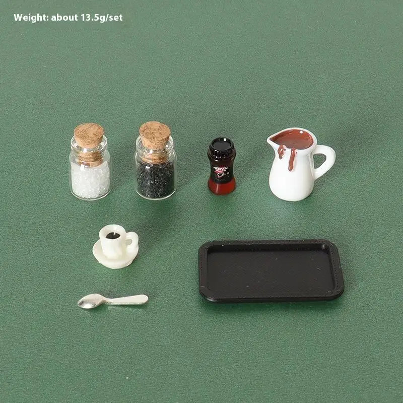 Handcrafted 7Pcs Miniature Dollhouse Coffee Cup Scene Model with Tray Plate, Perfect for Desktop Decoration