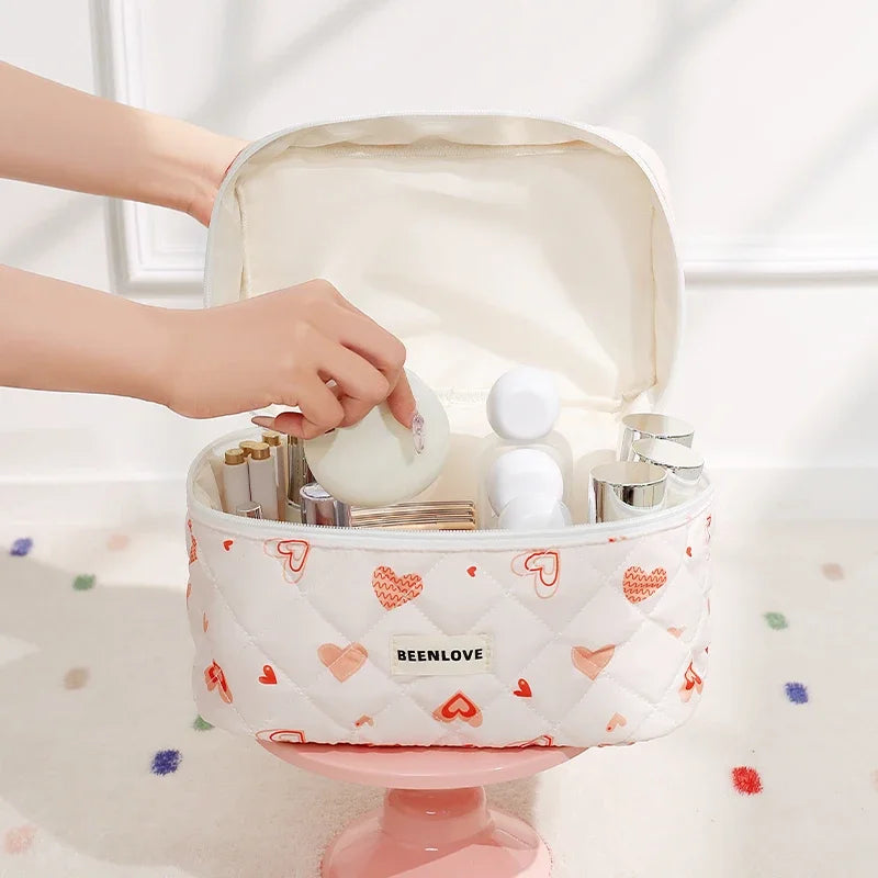 Storage Organizer Cherry Printing Makeup Bag Quilted Cosmetic Pouch Large Travel Cosmetic Bag Cute Cotton Makeup Pouch