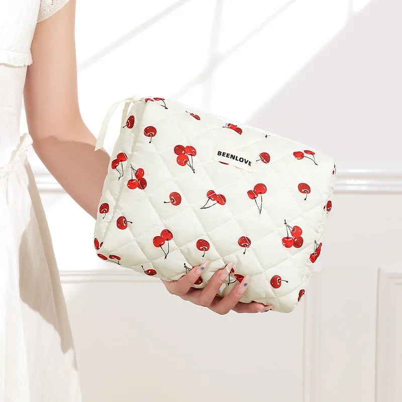 Storage Organizer Cherry Printing Makeup Bag Quilted Cosmetic Pouch Large Travel Cosmetic Bag Cute Cotton Makeup Pouch