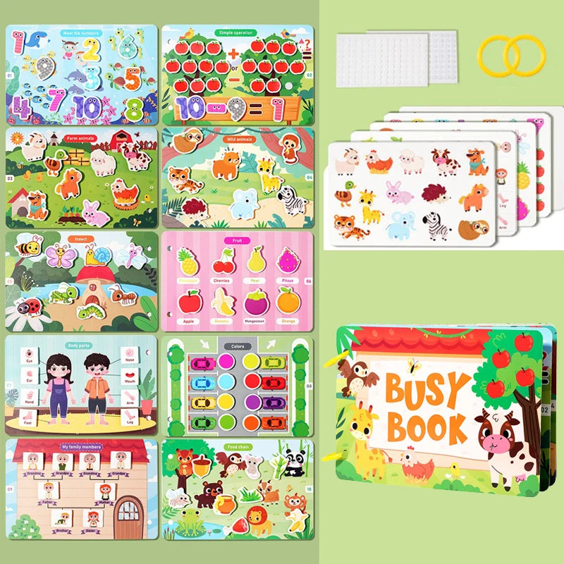 Interactive Silent Book Enhancing Recognition Numbers, English Letters, Fruits, Animals Weather Reusable Stickers Activity Books