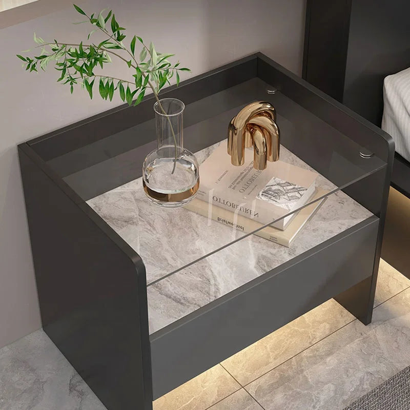 Modern Simple Bedroom Furniture Wooden Glass Bedside Table Storage Side Cabinet