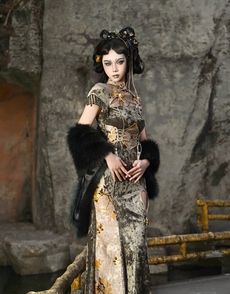 Blood Supply Original New Chinese Cheongsam Slim Dress Tie Tassel Jacquard Tunic Waist Sheath Long Trumpet Dresses Festival