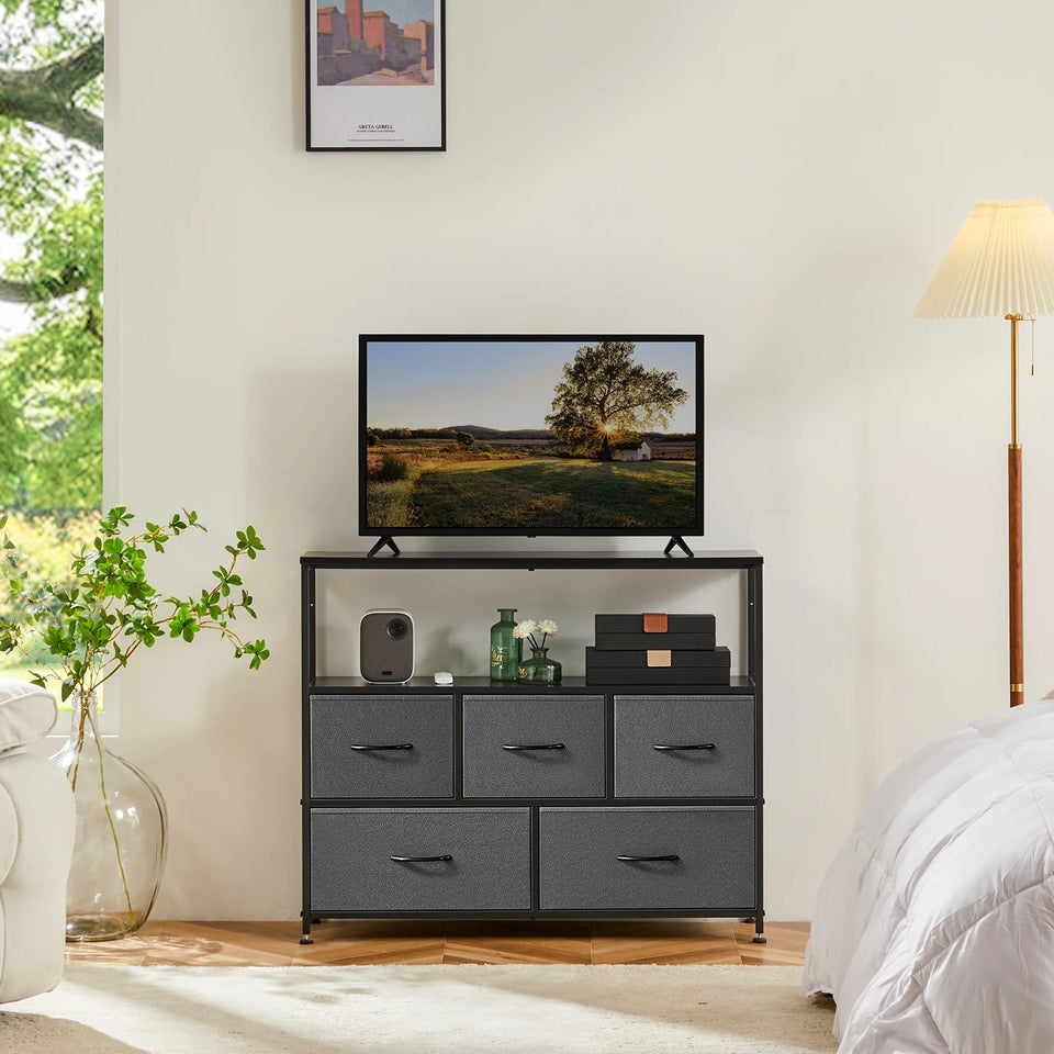 JHK Shoe Cabinet Dresser With 5 Fabric Drawers Toy Storage TV Stand Multilayer Shoe Rack Space Saving Cabinet Of Home Furniture
