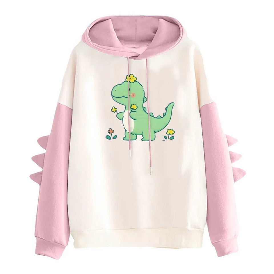 Winter Cute Dinosaur Cartoon Hoodie Women Fashion Sweatshirt Casual Print Long Sleeve Korean Style Splice Tops Kawaii Clothes