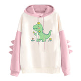 Winter Cute Dinosaur Cartoon Hoodie Women Fashion Sweatshirt Casual Print Long Sleeve Korean Style Splice Tops Kawaii Clothes