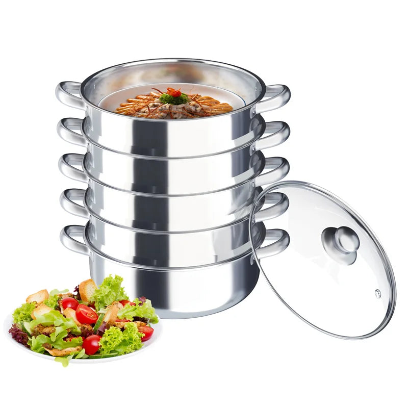 5 Tier Stainless Steel Steam Cooker Steamer Food Vegetable Pot Kitchen 26CM/28CM/30CM