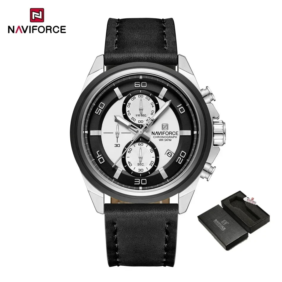 Original NAVIFORCE Business Luxury Leather Strap Men Watches Sports Chronograph Watch for Man 3ATM Waterproof Quartz Wristwatch