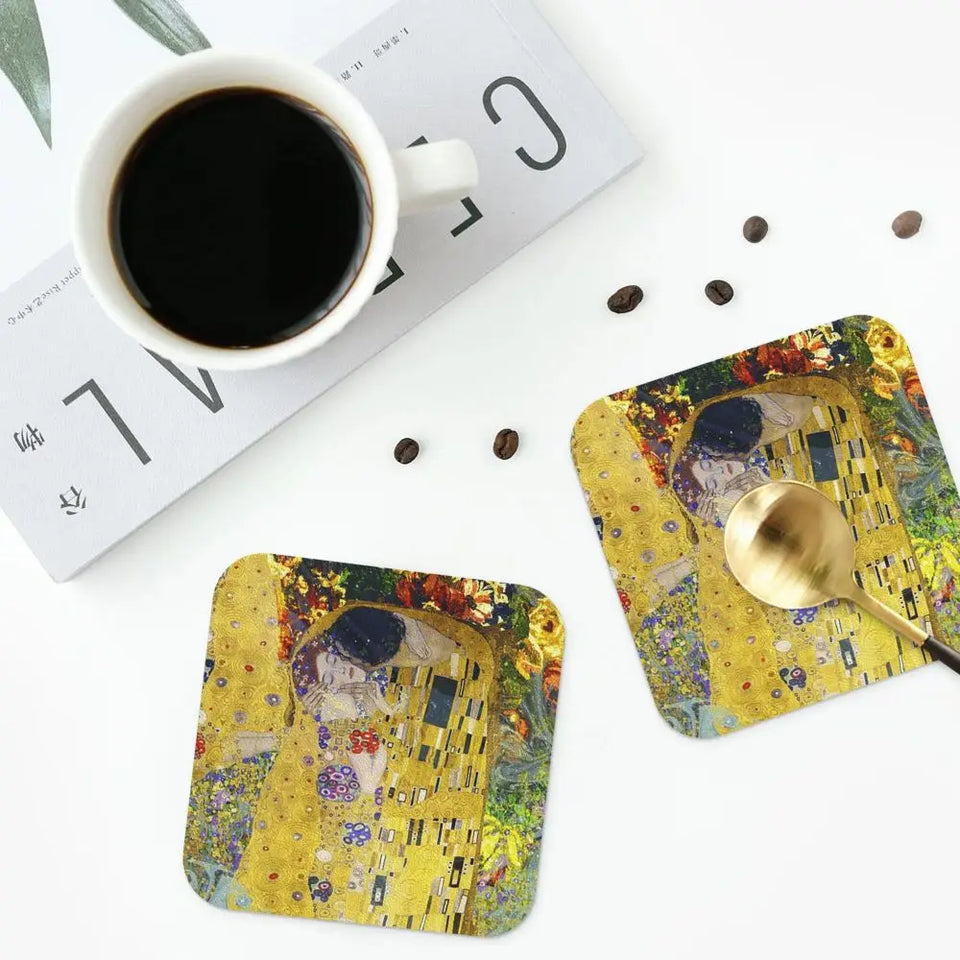 The Kiss By Gustav Klimt Coasters Kitchen Placemats Non-slip Insulation Cup Coffee Mats For Decor Home Tableware Pads Set of 4