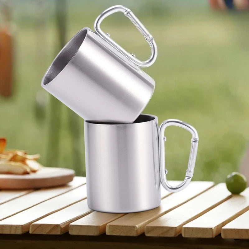 Stainless Steel Mountaineering Water Cup Button Coffee Camping Mug with Carabiner Handle Climbing Hiking Backpacking Travel Cups