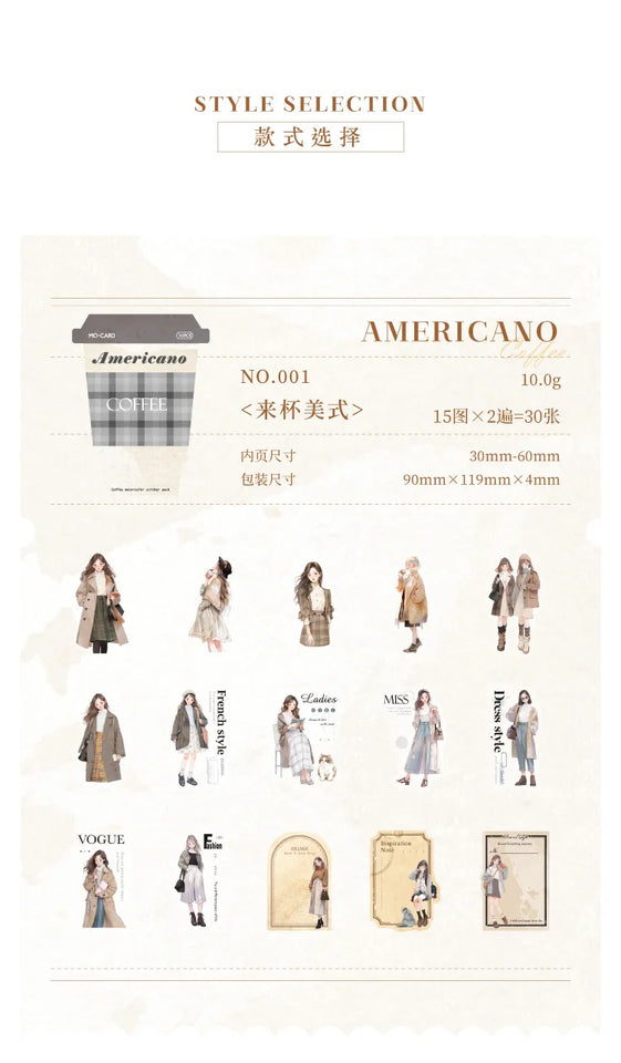 30-Sheet Vintage Coffee Theme Sticker Pack, Retro Coffee Culture Designs & Crisp Details, Perfect for Journal Embellishment