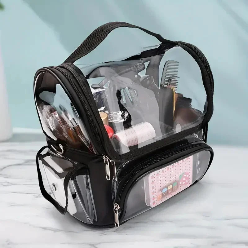 Makeup Brush Holder Backpack Makeup Artist Travel Case Clear Waterproof Cosmetic Organizer Bag with Adjustable Strap and Divider