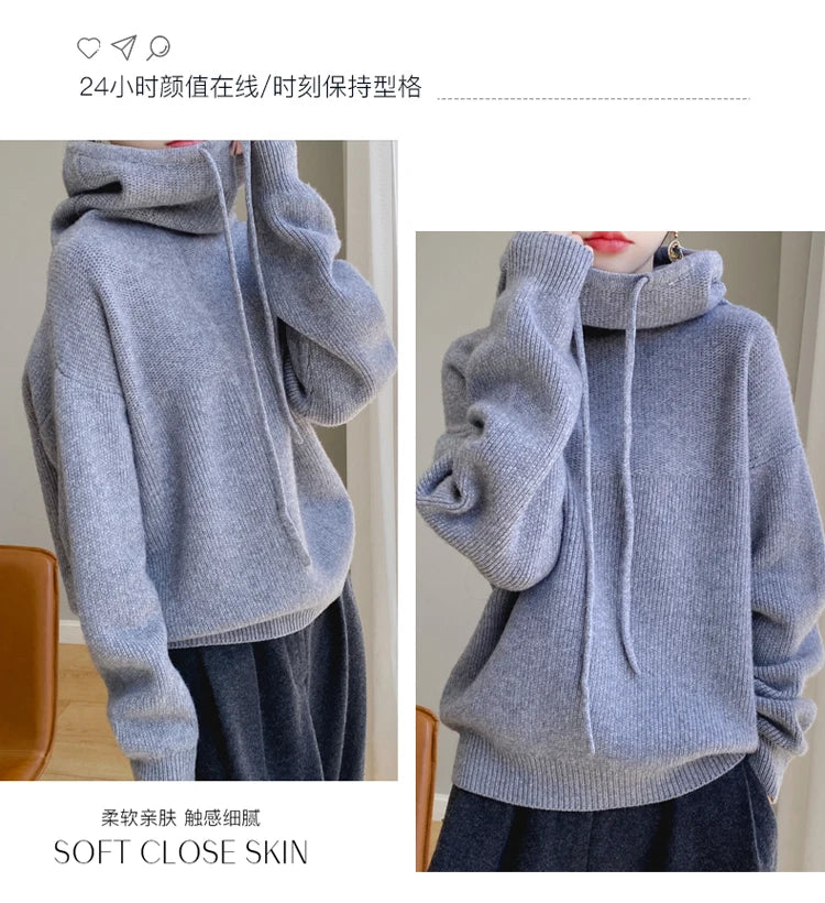 100% Australia Wool Women's Hooded Sweater Long Sleeve Pullovers New Arrivals Knitted Jumper Cashmere New In Sweatshirts Fashion