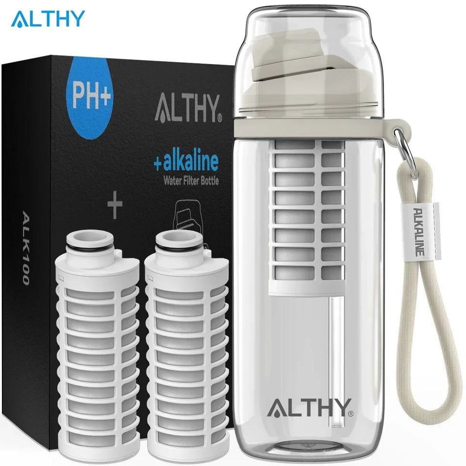 ALTHY Alkaline Water Filter Bottle, Up to PH 9.5, Added Minerals & Electrolytes, Composite Alkalize & Filtration System,BPA Free