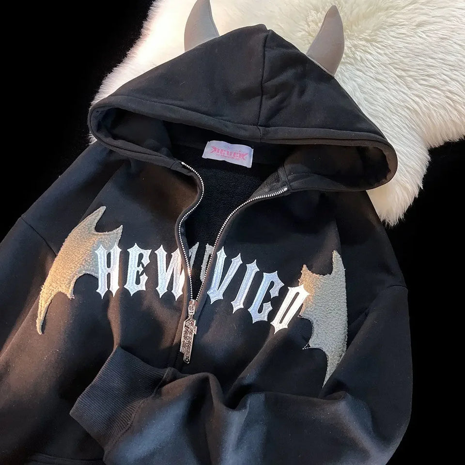 American Retro Little Devil Embroidered Zipper Hoodie Women Y2K Street Fashion Trend Joker Sweatshirt Couple Casual Loose Hoodie