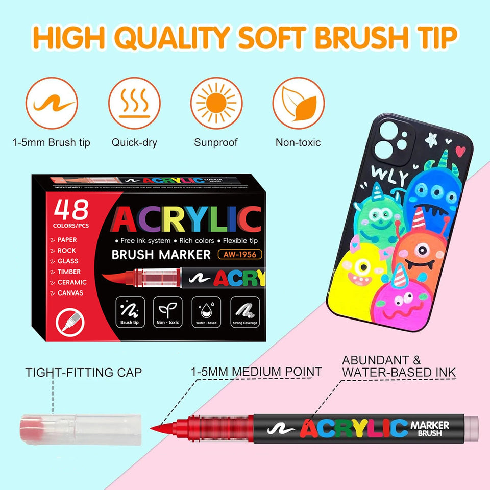 366 Colours Acrylic Markers Flexible Brush Tip Acrylic Paint Marker for Painting Stone Fabric Glass Ceramic Canvas Paper Wood