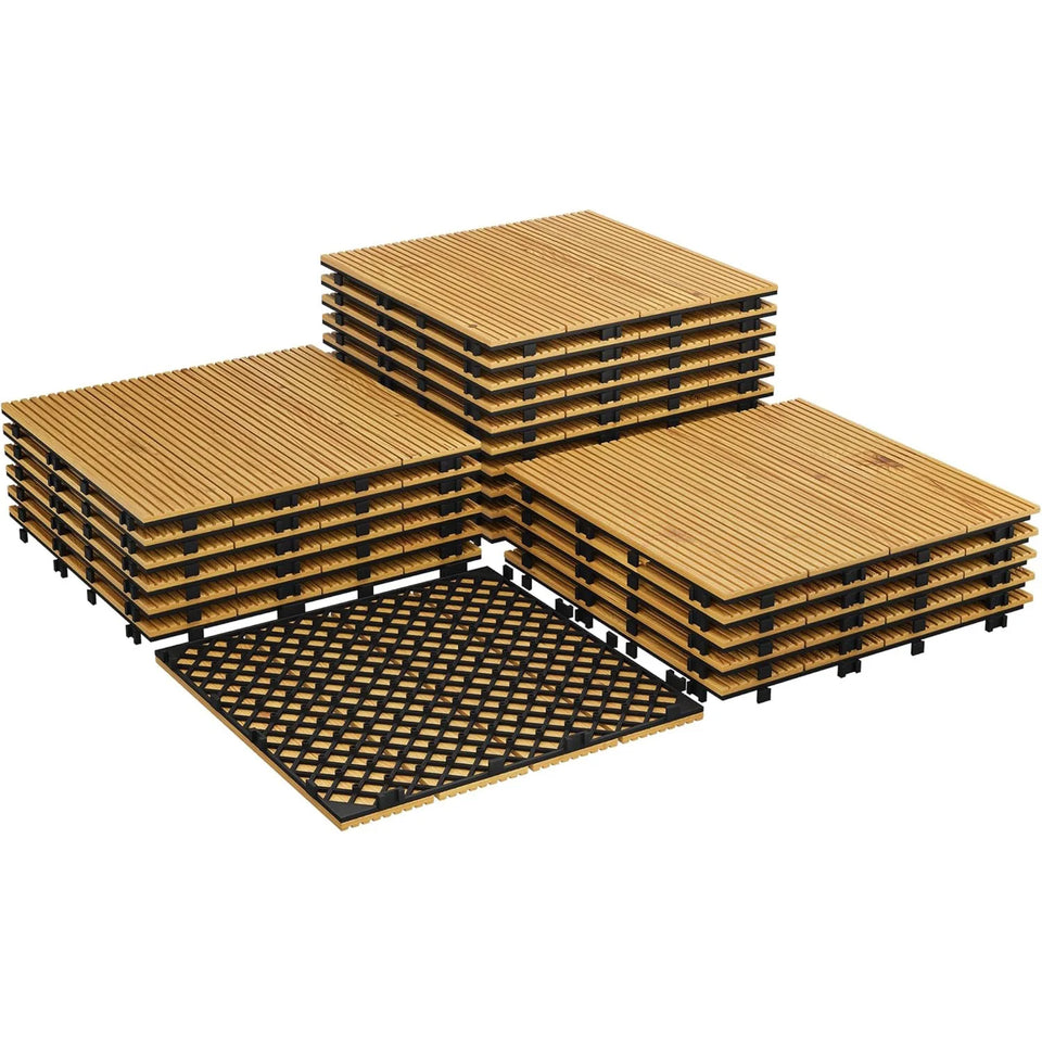 Acacia Wood Connected Deck Tiles for Patio & Outdoor Decor, 12"x12" Firm Weatherproof Non-Slip Wooden Flooring, 22/33 Panels