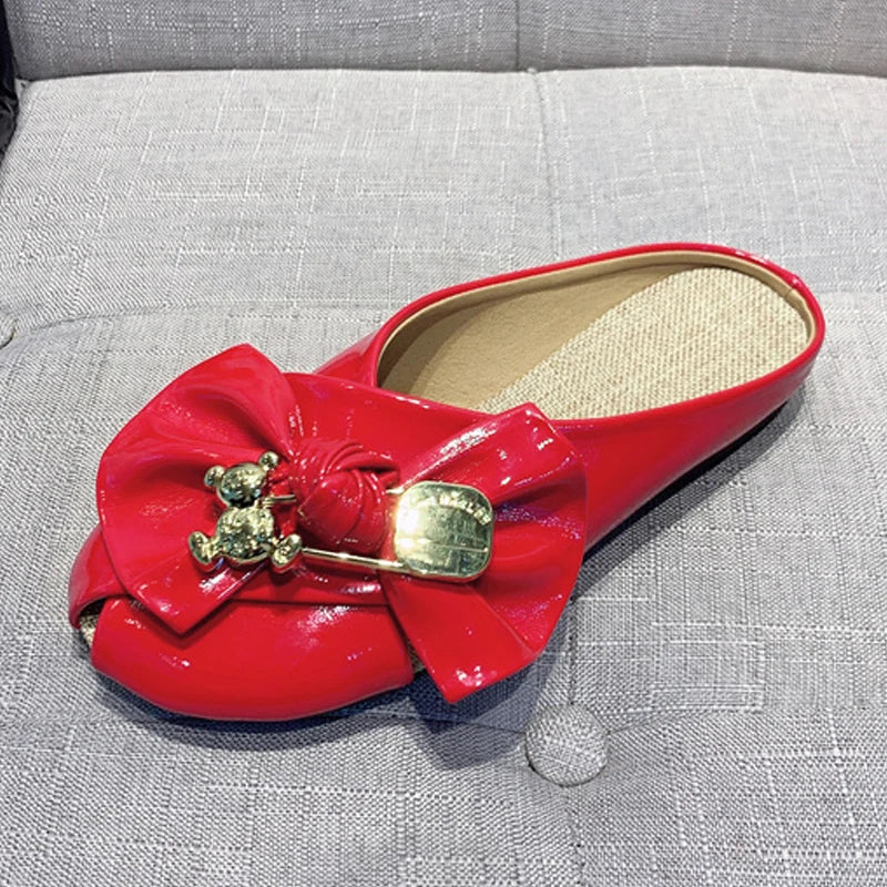 Women Slippers Gold Chain Bear Half Slippers Female Flats Sandals Brand Mullers Plus Size Summer Women Shoes Fashion Bow Slipper
