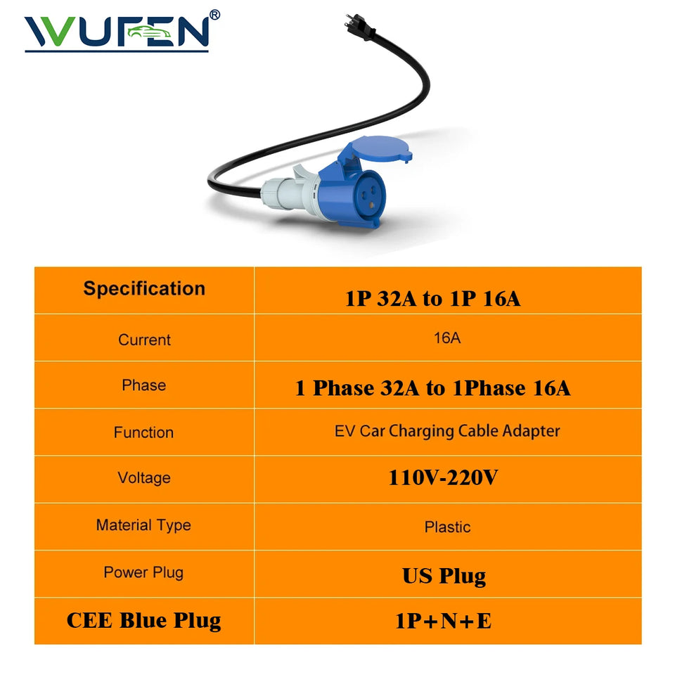 WUFEN EV Charger Adapter 1M US Plug to CEE Blue Power Female Plug 3 Pins Socket Adapter Connect with 32A 1 Phase 7KW Charger