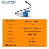 WUFEN EV Charger Adapter 1M US Plug to CEE Blue Power Female Plug 3 Pins Socket Adapter Connect with 32A 1 Phase 7KW Charger