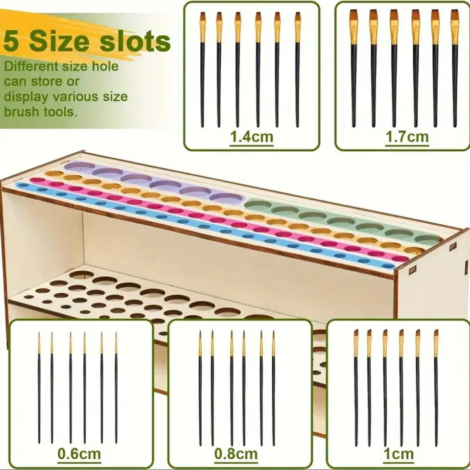 67-Slot Premium Wooden Brush Holder - Durable Artist Desk Organizer, Pencil & Paint Brushes Storage, Elegant Art & Craft Supplies