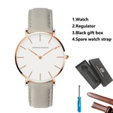 1 Set Women Leather Watches Minimalist Style 6.9mm Ultra Thin Dial Black Gift Box Adjuster Spare Strap Women's Dress Wristwatch