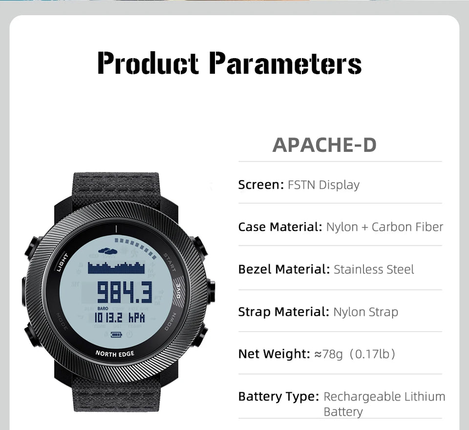 NORTH EDG APACHE-D Men's Digital Free Dive Watch Outdoor Sport Watches Altitude Barometer Compass World Time Waterproof 100M