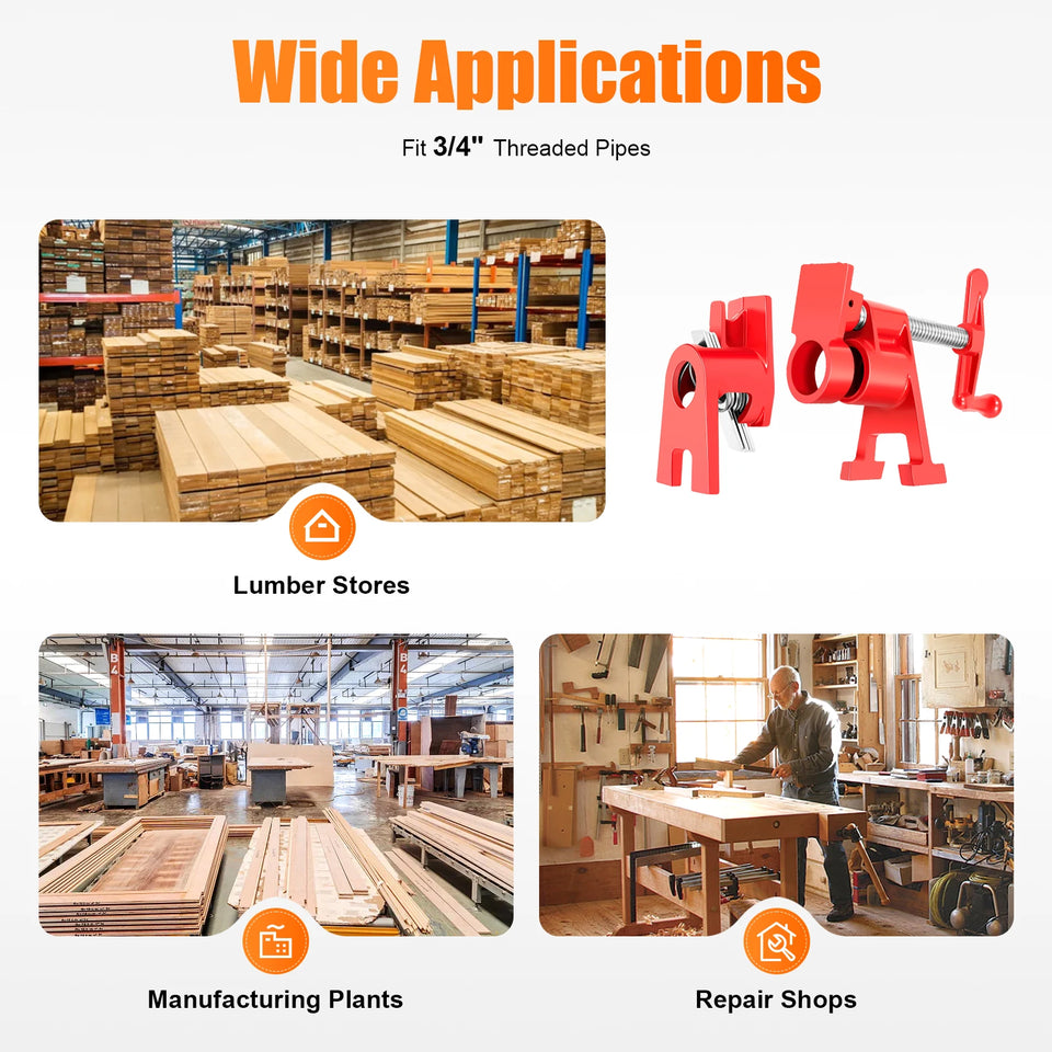 4 Pcs 3/4" Wood Gluing Pipe Clamp Set for Woodworking Lumber Stores, Manufacturing Plants, Repair Shops