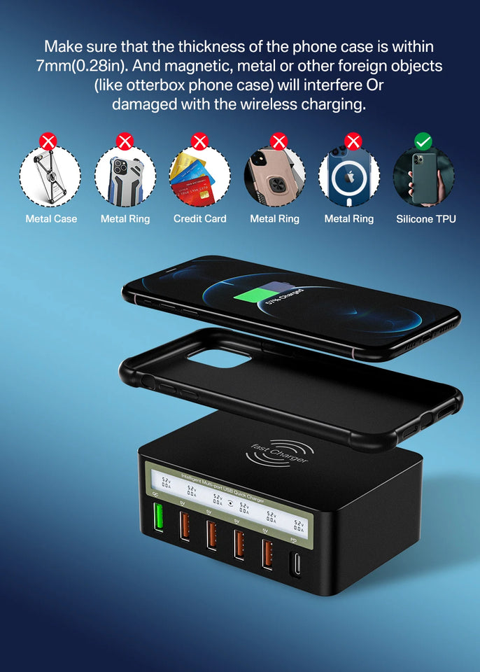100W USB PD QC Charger Adapter Wireless Charger 6 Ports Fast Charging Station for IPhone 14 13 12 Pro Max IPad, Samsung Huawei