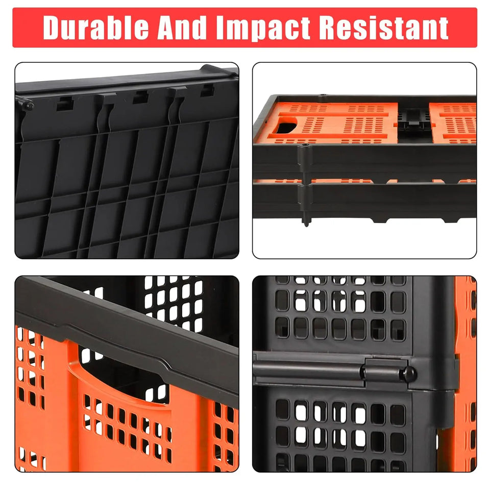 55L Heavy-Duty Collapsible Plastic Crate Foldable Storage Basket with Side Handles, Stackable Design for Food Drinks Books Tools