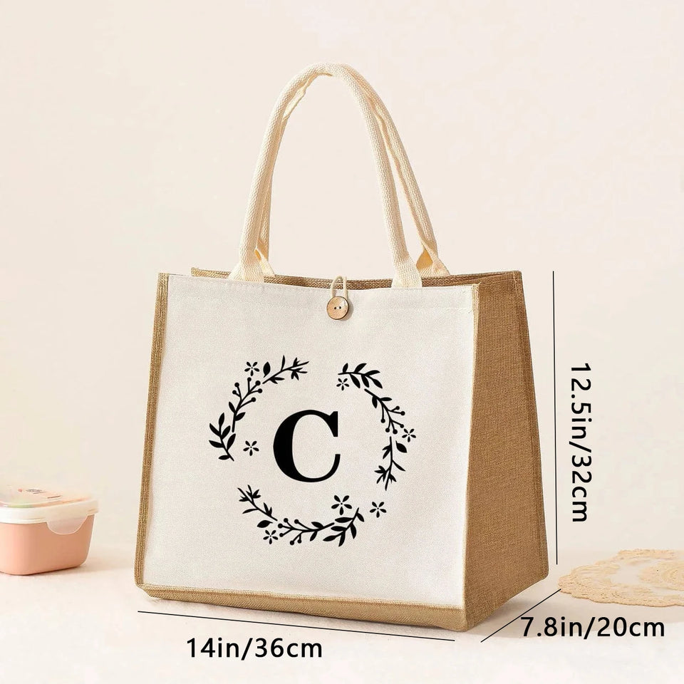 Large Capacity Ladies Tote Bag, Letter Printing Faux Linen Button Handbag, Portable Travel Storage Travel Bag
