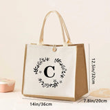 Large Capacity Ladies Tote Bag, Letter Printing Faux Linen Button Handbag, Portable Travel Storage Travel Bag