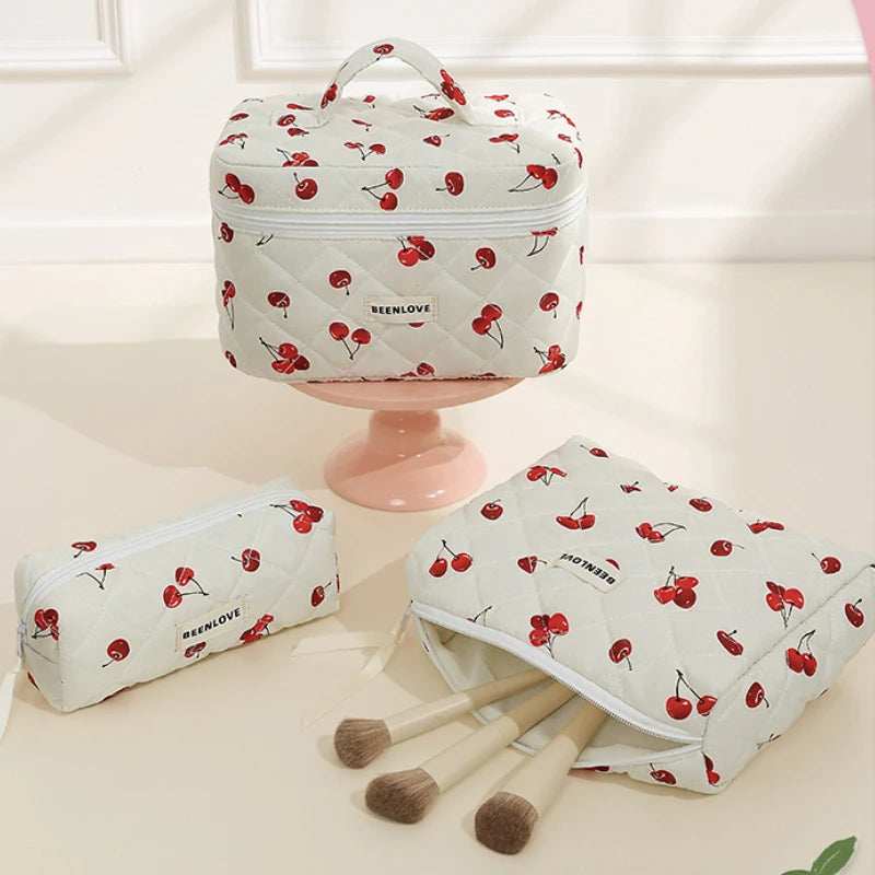 Storage Organizer Cherry Printing Makeup Bag Quilted Cosmetic Pouch Large Travel Cosmetic Bag Cute Cotton Makeup Pouch