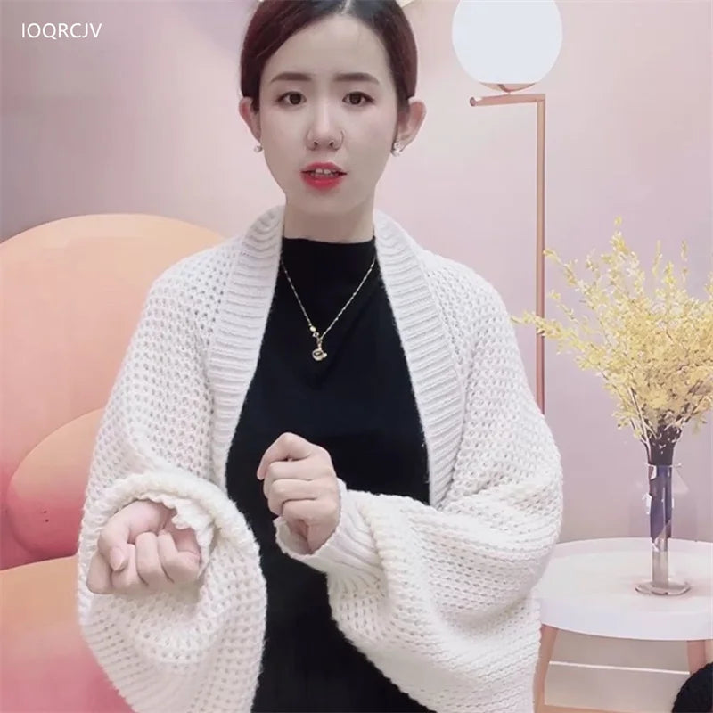 Spring Autumn Fashion Hollow Out Knitted Shawl New Long Sleeve Soft Mesh Cardigan Sweater Loose Elegant Female Knitted Cape