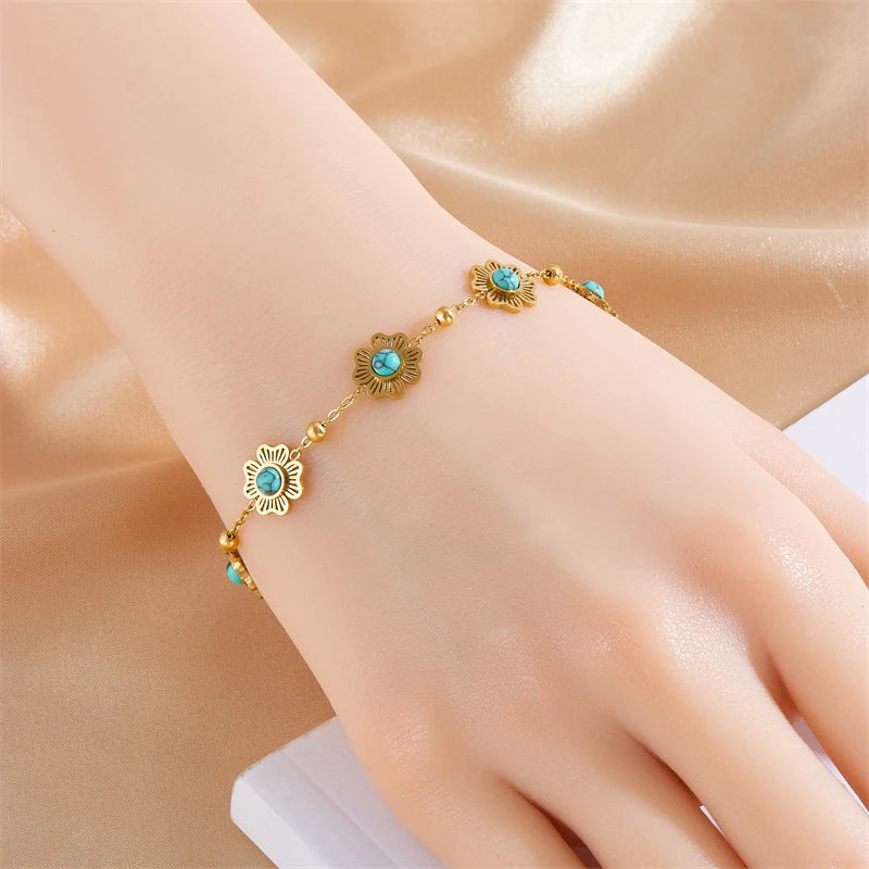 DIEYURO 316L Stainless Steel Retro Turquoise Hollowed Out Flowers Bracelet Women New Trendy New Fashion Wrist Chain Jewelry Gift