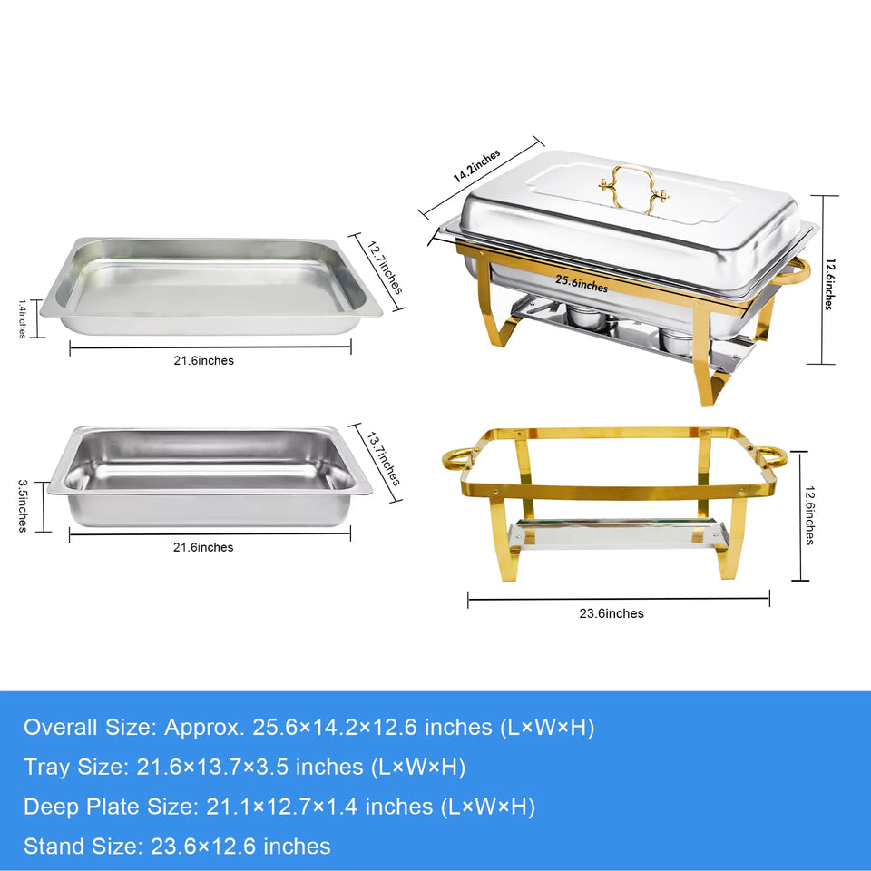 2/4Pack Chafing Dish Set Stainless Steel 316 Gold Rectangular Buffet Warmer for Hotel Catering Parties Weddings Outdoors