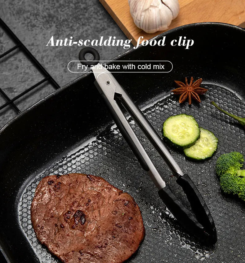 1 Pc Black Silicone Food Tongs, Stainless Steel Food Tongs Outdoor BBQ Clamps For Camping Kitchen Tongs For Baking Steak