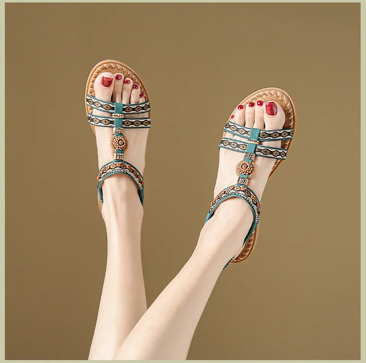 Women's sandals summer bohemian one line elegant slimming anti slip comfortable daily vacation flat beach shoes