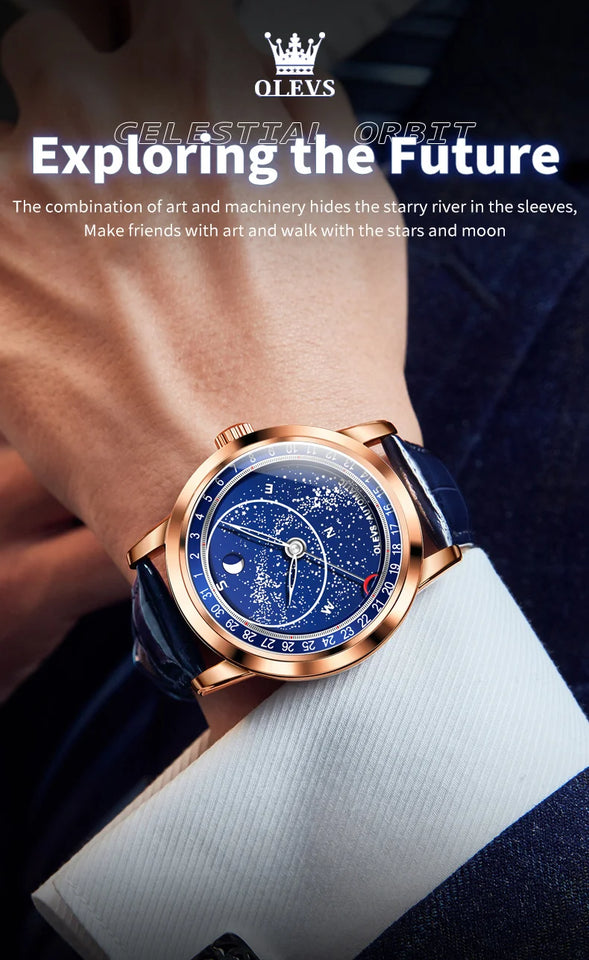 OLEVS 9923 Moon Phase Automatic Mechanical Watches for Man Fashion Leather Strap Waterproof Starry Sky Blue Luxury Men's Watches