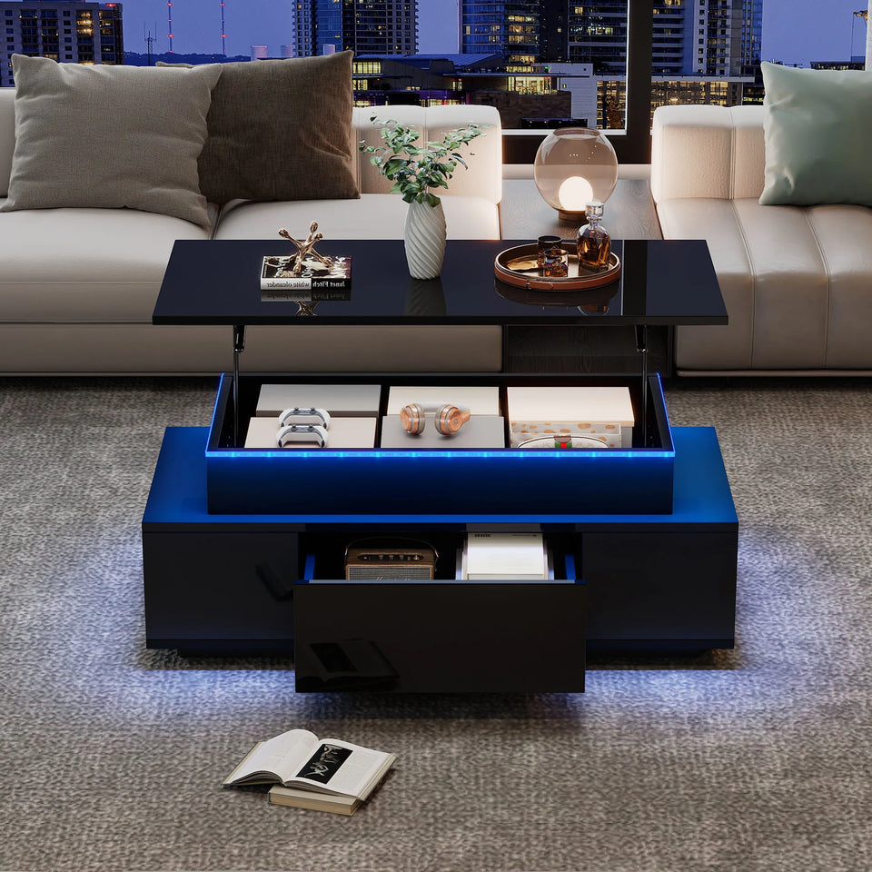 KOMHTOM Black height adjustable coffee table high gloss coffee table with hidden storage, drawer and LED lighting