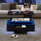 KOMHTOM Black height adjustable coffee table high gloss coffee table with hidden storage, drawer and LED lighting